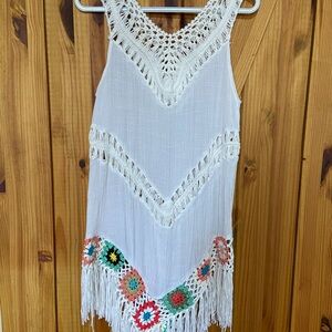 Boho White Crochet Fringe Tank Dress with Multicolor Crochet Detail